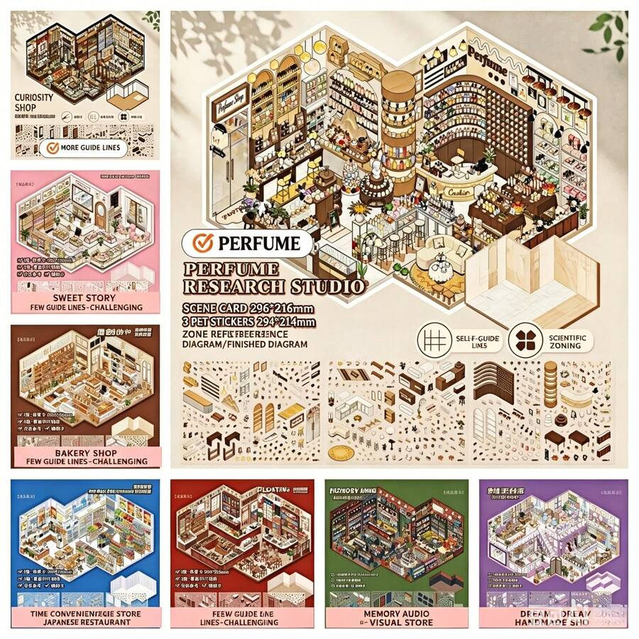3D Landscape Sticker Series: 8 Large Size PET Landscape Scene Stickers With Positioning Lines (No Cutting Required), Miniature House DIY Planner Collage Material School Supplies - Multiple Styles - View 1