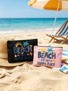 "Beach Is My Happy Place" Tropical Beach Theme Zipper Makeup Bag For Women, Portable Travel Toiletry Bag Organizer For Cosmetics And Toiletries, 6 Colors Available, Portable Organizer Bag, Beach Bag, Travel Bag, Travel Makeup Bag, Summer Vacation Accessory And Back To School Gift, Perfect For Birthday, Thanksgiving - Multicolor - View 4
