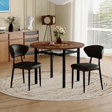 Modern Minimalist Round Table Set (2 White Polyurethane Armchairs With Curved Backrest), 100cm Diameter Round Table With Wood Look, Suitable For The Dining Room And Kitchen. - Black and Brown - View 2