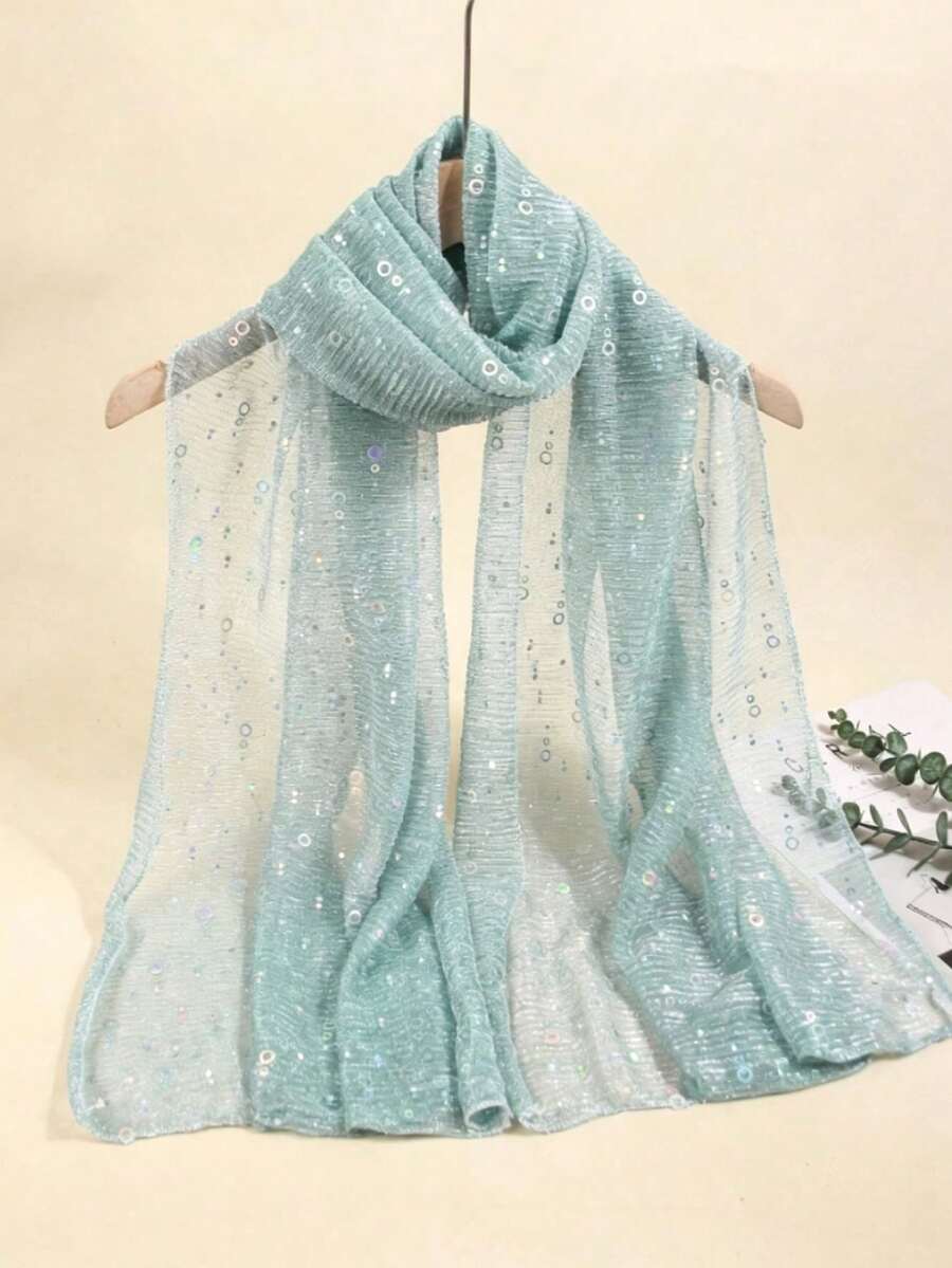 1pc Women's Lightweight Solid Color Sequin Headscarf Scarf Headwrap, Middle Eastern Style Decorative Scarf, Sun Protection Beach Shawl, Suitable For Daily Wear - Mint Green - View 1