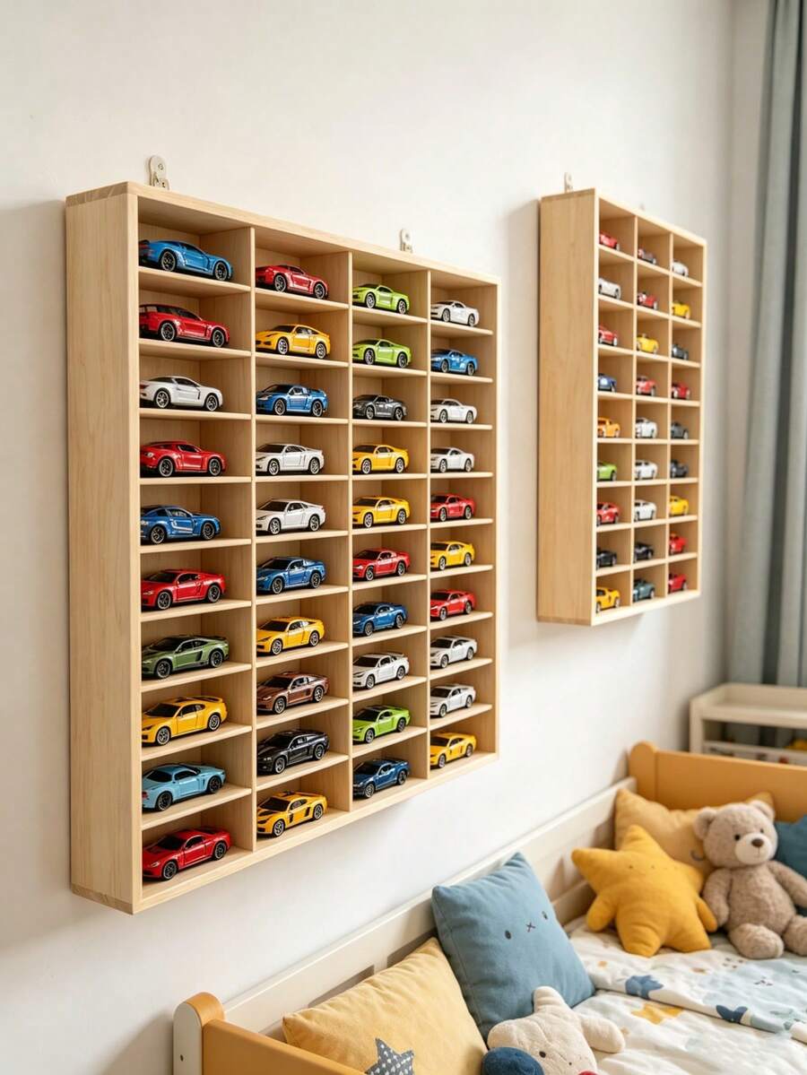1pc 1/64 Scale 12/40/60/77 Slot Matchbox Car Model Display Box - Wooden Matchbox Toy Car Display Box, Suitable For Nursery, Bedroom, Playroom, Boys Gift, Birthday Gift - Multicolor - View 1