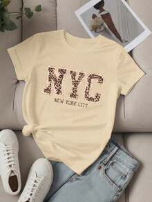 Women's Unity Letter Slogan Short Sleeve T-Shirt, LOS ANGELES Graphic Tees, Women's Tops - 藕粉色 - 查看 1