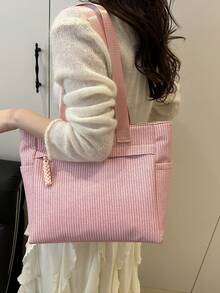 Fashion Versatile Textured Solid Color New Tote Large Bag Casual Minimalist Textured Solid Color Straw Woven Pattern Commute Vacation Shoulder Large Bag - Baby Pink - View 5