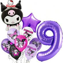 Cartoon Thickened Aluminum Foil Latex Balloon Set, Sweet Cool Style Black & Purple Color Scheme, Asymmetric Five-Pointed Star & Number Shapes, Cartoon Anime Character Print, Birthday Party, Cartoon Theme Party Backdrop Decoration Inflatable Props - View 9