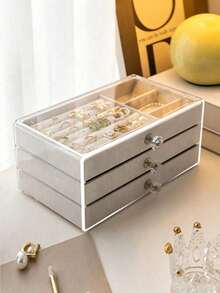 1pc 3 Layers Clear Plastic & Velvet Drawers Jewelry Storage Box, Organizer For Rings, Necklaces, Bracelets, Earrings And Pendants, Three-Layered Jewelry Manager, Women's Day Gifts, Christmas Gifts, Halloween Gifts, And Ladies' Gifts, - 彩色 - 查看 1