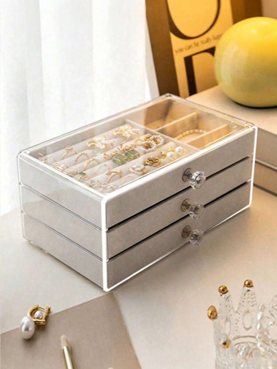 1pc 3 Layers Clear Plastic & Velvet Drawers Jewelry Storage Box, Organizer For Rings, Necklaces, Bracelets, Earrings And Pendants, Three-Layered Jewelry Manager, Women's Day Gifts, Christmas Gifts, Halloween Gifts, And Ladies' Gifts, - 彩色 - 查看 1