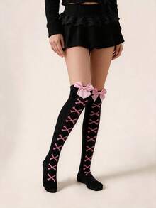 1 đôi tất cao quá gối nữ màu trơn, chi tiết nơ kiểu Nhật, phong cách Y2K Lolita, ôm chắc, tất dễ thương cho tiệc trà Lolita - Nhiều màu - Xem 9