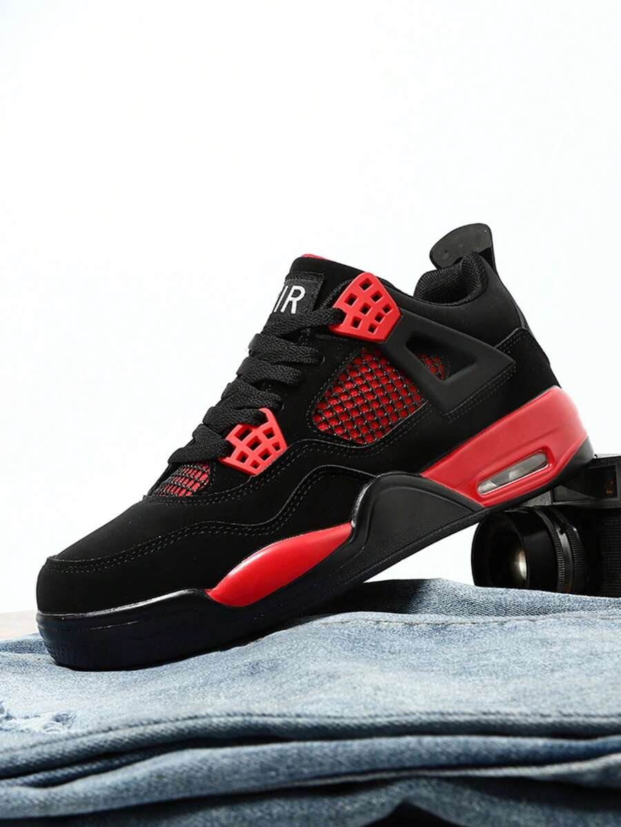 Men's Black Red Contrast Mid Top Sneakers, Air Cushion Non-Slip Retro Basketball Shoes For Daily Street & Casual Outfit - 紅雷神 - 查看 1