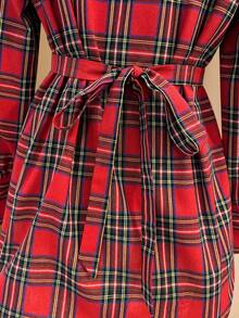 Women's Autumn/Winter Holiday Color Plaid Mid-Length High-Low Hem Slightly Dropped Shoulder Loose Fit Metal Buckle Design Belt Long Sleeve Shirt - Red - View 8