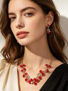 1 Set Sweet Elegant Rose Necklace And Earrings Set, Women's Holiday Birthday Date Ball Party Vacation Shopping Accessories - Rose - View 8