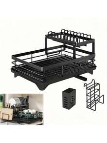 2-Tier Black Expandable Dish Drying Rack, Suitable For Kitchen Countertops, Large Dish Drainer With Pot Rack, Cup Rack, And Dish Rack For Iron Kitchen Counters And Sink Dish Racks - Large-Capacity Storage Rack With Draining Board,Kitchen Essentials - View 9
