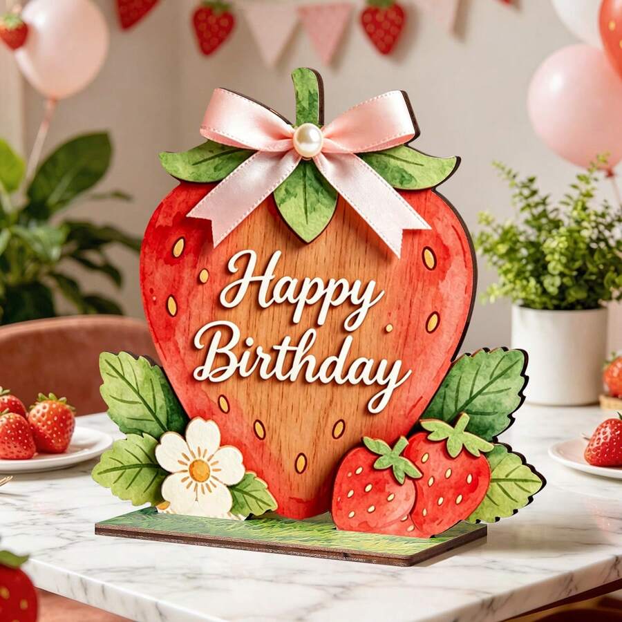 可愛甜美紅色草莓生日派對慶祝桌面木製裝飾,適合成人、兒童、男孩和女孩 - 彩色 - 查看 1