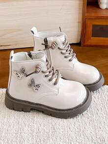 1 Pair Girls' Fashion Boots With Butterfly Decor Princess Shoes, Daily Wear, Dance Performance, Party, Cute Style - Beige - View 2
