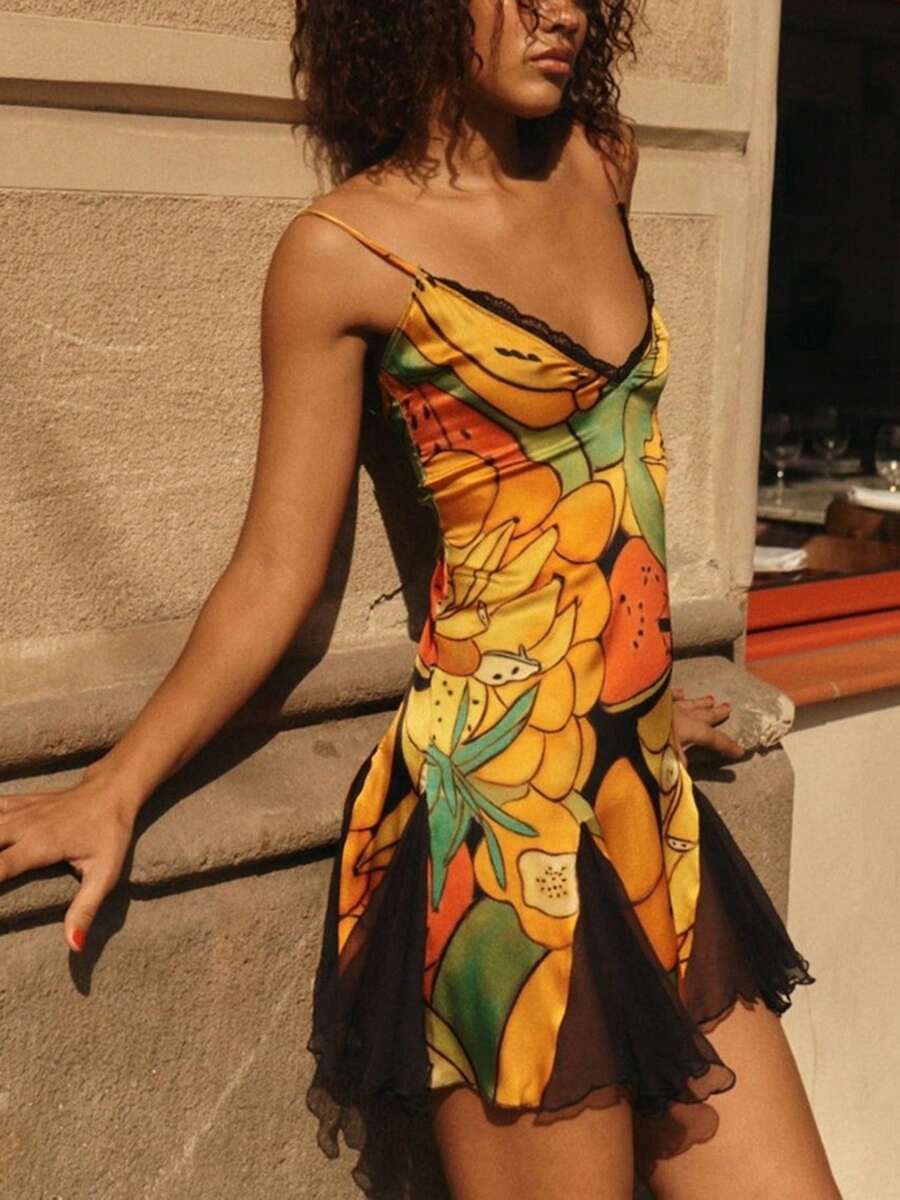 DOUCIU Sexy Fruit Print Lace Patchwork Spaghetti Strap Dress, Beach Vacation Style - Multicolor - View 1