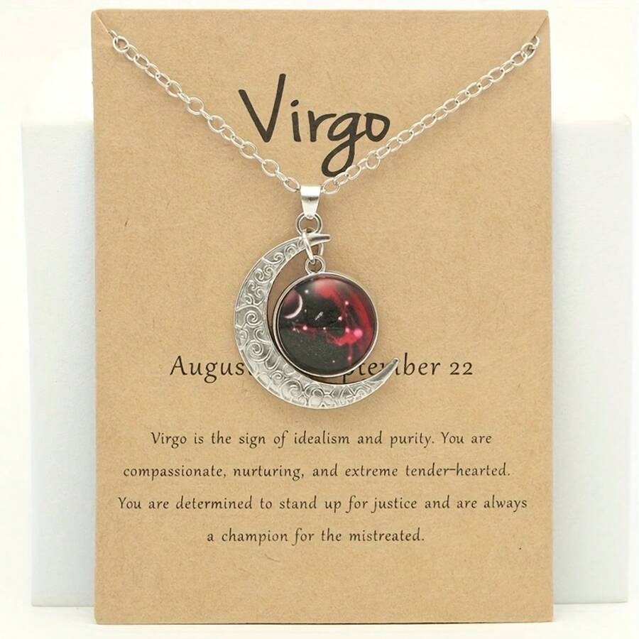 1 Retro Zodiac Moon Pendant Necklace That Glows In The Dark - Vintage Style, Zinc Alloy With Details, Adjustable Chain For Women - Ideal For Everyday Wear And Gifts - 處女座 - 查看 1