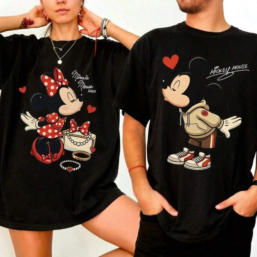 Disney Mickey And Minnie Couple T-Shirt Disney Cartoon T-Shirt Disneyland Honeymoon Round Neck Casual And Comfortable Couple T-Shirt Ladies Oversized - 女士T卹 - 查看 1