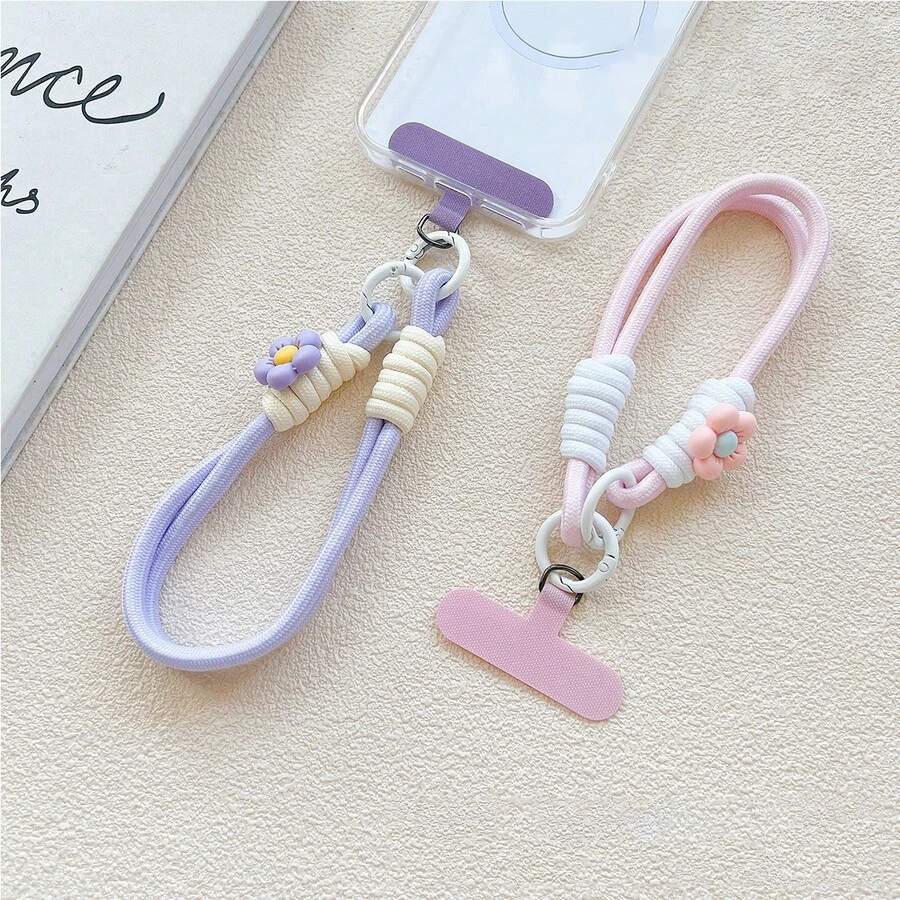 1pc Ins Style Summer Dopamine Floral Woven Phone Lanyard Multifunctional Short Hand-Carried Strap With Clip - Multicolor - View 1