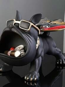 Juego de Decoración de Almacenamiento Bulldog Francés Negro - 1 Pieza - Estatua de Resina Elegante con Collar Dorado, Soporte para Gafas y Bandeja para Reloj - Adecuado para el Hogar, Oficina, Cafetería o Exhibición de Vacaciones - Regalo Ideal para Navidad y Año Nuevo - A - Ver 3