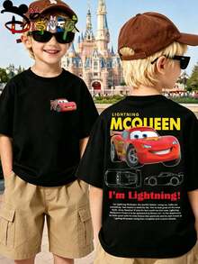 Cars Lightning McQueen I'm Lightning Front Back Dual Print Kids Black Short Sleeve Disney BoysCartoon Casual Tee - 黑色 - 查看 1
