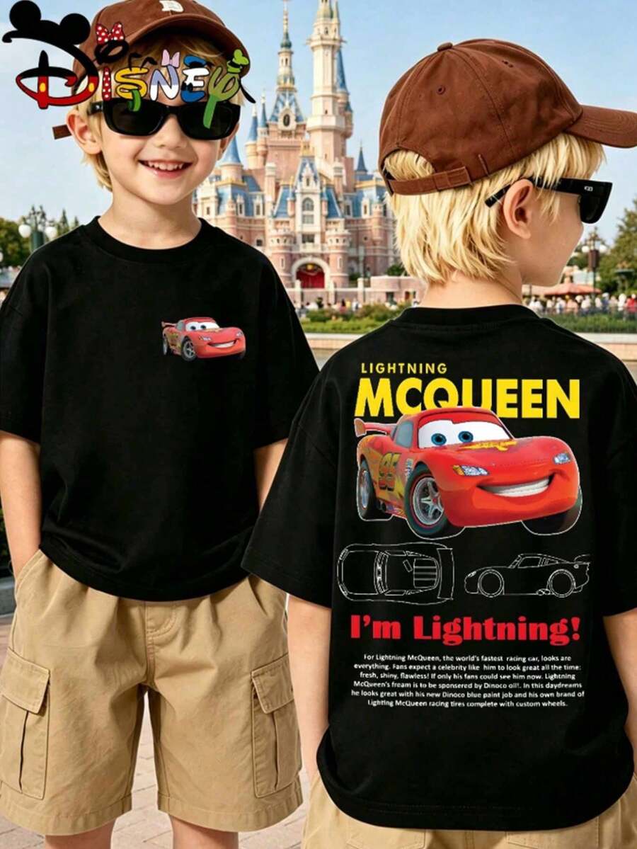 Cars Lightning McQueen I'm Lightning Front Back Dual Print Kids Black Short Sleeve Disney BoysCartoon Casual Tee - 黑色 - 查看 1