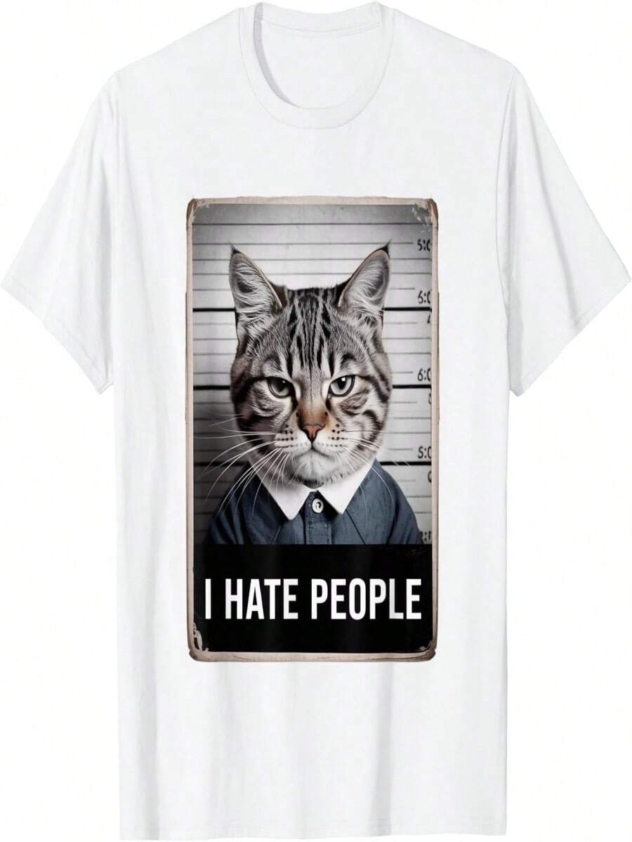 ObRenKi I Hate Humans Funny Cat Photo Cat Police T-Shirt - White - View 1