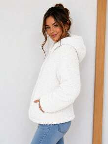 Women's Jacket With Zipper And Hood, Faux Fur Coat - White - View 2