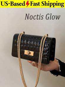 Faux Leather Solid Color Crocodile Embossed Fashion Mini Chain Crossbody Bag - Black - View 1
