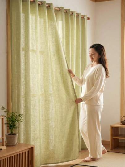 1pc Japanese Style Linen Texture Semi-Transparent Bedroom Curtain: Wabi-Sabi Soft Light Breathable Curtain, Suitable For Living Room And Bedroom Natural Style