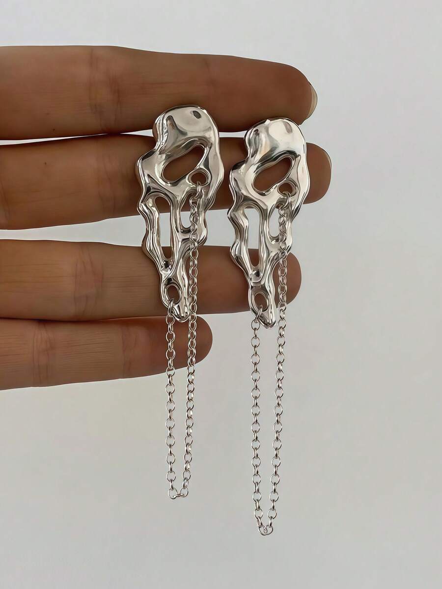 1 Par de Brincos Punk Esculturais Geométricos, Assimétricos, Vazados, com Textura Fundida, Corrente Longa e Borlas Pendentes, Brincos de Botão, Joias de Arte Moderna Statement para Mulher - Prata - Ver 1
