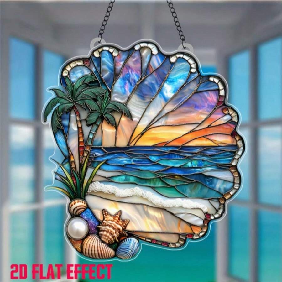 2D平面壓克力海洋貝殼壁掛裝飾，2D印花棕櫚珊瑚海洋主題設計，防水防刮防潮，海灘別墅沿海居家裝飾掛飾