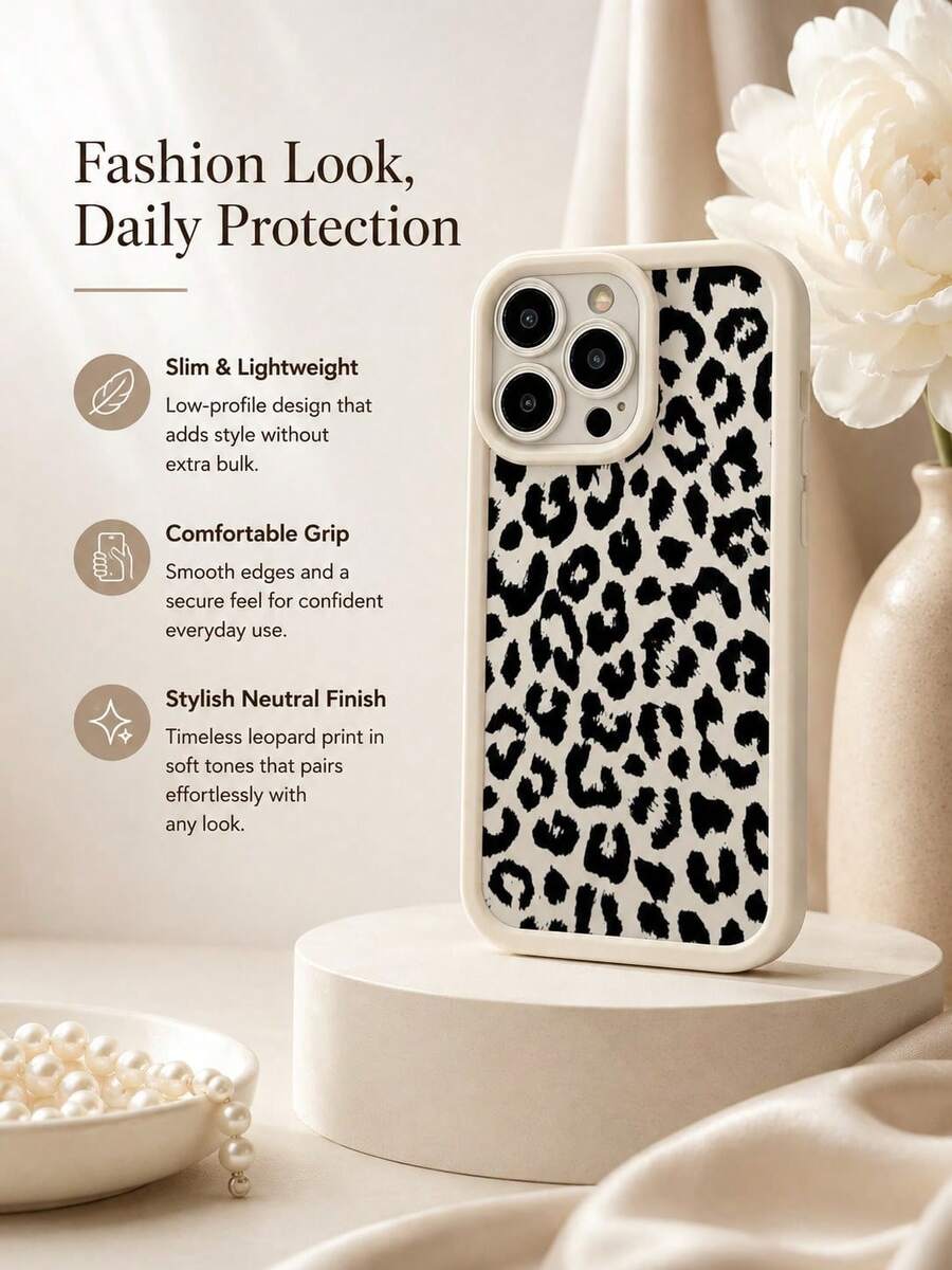 1 pieza Funda de teléfono TPU con estampado de niña elegante compatible con iPhone 17/16 Pro Max/15 Plus/14 Pro y otros teléfonos, estilo de estampado de leopardo con brillo, con cordón, protección de Body completo, recortes precisos - Blanco - Ver 1