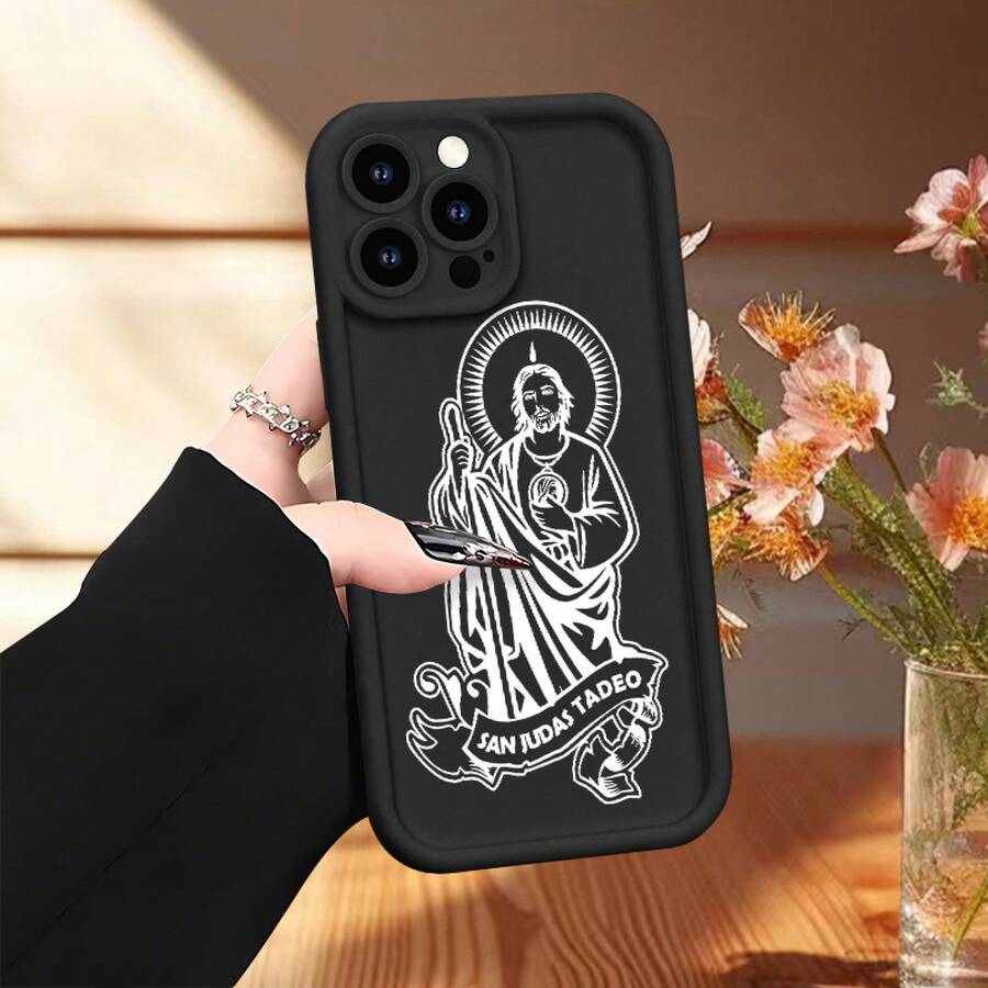 Black Phone Case With Bamboo Design And White Saint Pattern For Galaxy S24 Ultra/S24 Plus/S24/S23 Ultra/S23 FE/A55/A54/A53/A52/A52S/A51/A50/A50S/A35/A34/A33/A32/A24/A23/A22/A21S/A20/A20S/A15/A14/A13/A12/A10S/A05S/A05/A03S/A03, Smartphone Case, Device - (單色)每包1件 - 查看 1