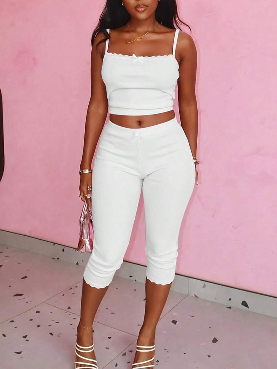 Women's Summer Ribbed Lace Patchwork Bowknot Cropped Camisole And Shorts 2 Pieces Fitted Sexy Outfit White Elegant - White - View 1