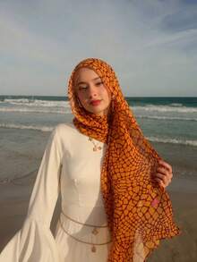 1pc Printed Hijab, Fashionable Elegant Simple Fresh Women's Scarf, Lightweight Headscarf Suitable For All Seasons, Perfect For Daily Wear And Prayer For Abaya Vacation Essentials - Khaki - View 2