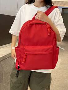 Women's Minimalist Solid Color Nylon Backpack, Lightweight Business Commute Daily Use Backpack, Multi-Pocket Large Capacity Casual Backpack Suitable For Office, Work, Travel, School - Red - View 4