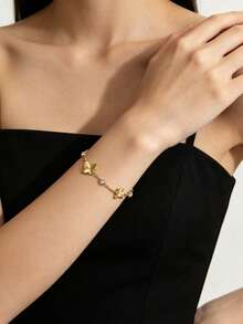 18K,Gold Textured Butterfly Charm Bracelet Round Bezel Zirconia Inlay Adjustable Extension Chain Women Dainty Jewelry - Butterfly Bracelet - View 4