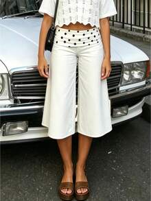 Fold Over Wide Leg Capri Pants For Women Low Rise Lounge Yoga Flare Culottes Y2k Flowy Crop Palazzo Pants - 黑與白 - 查看 1