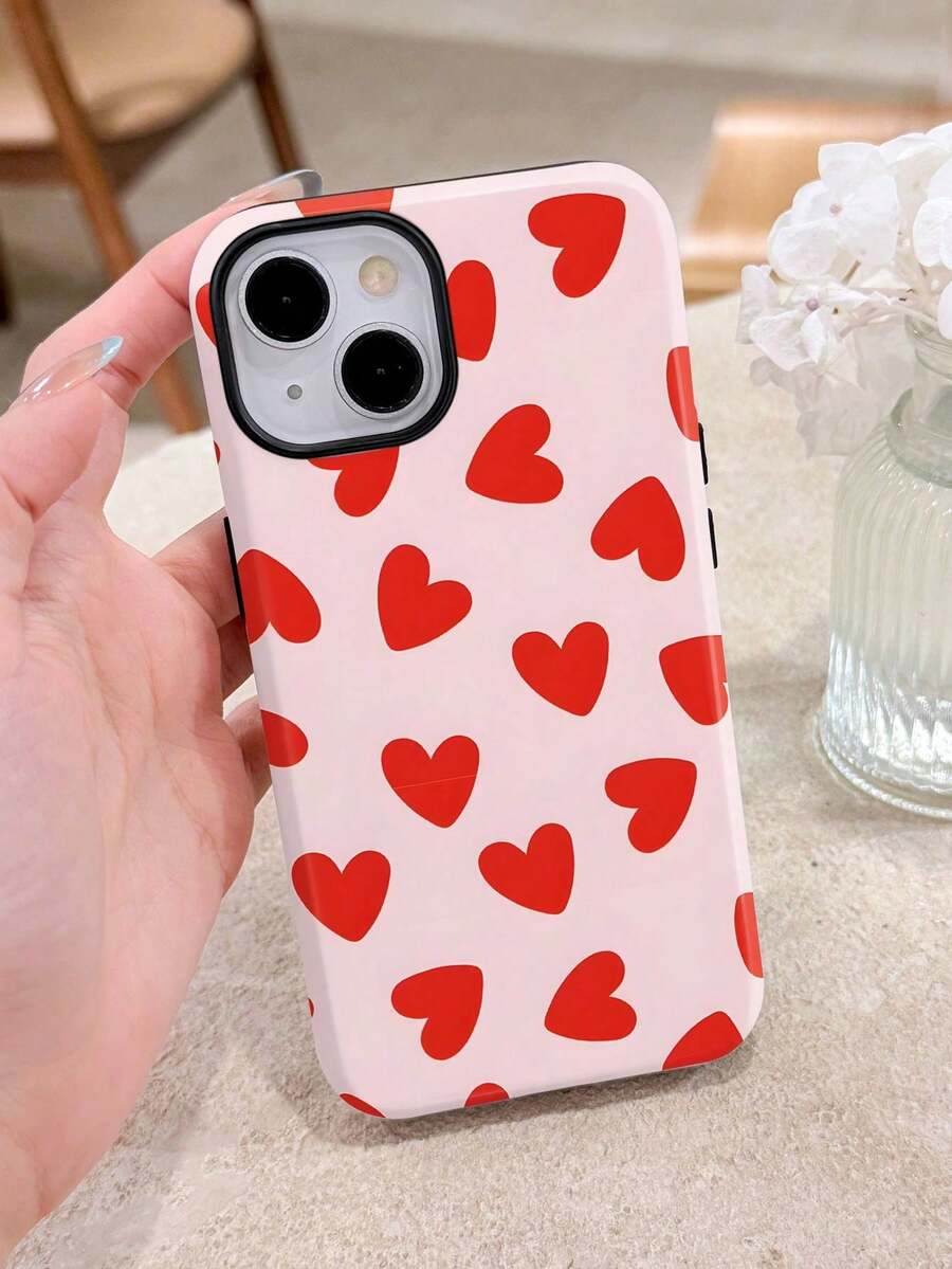1 pieza Estuche rígido para teléfono con cobertura completa y diseño de corazón brillante compatible con /11/12/13/14/15/16/17 Pro Max Carcasa 2en1 de película, diseño elegante. - Blanco - Ver 1