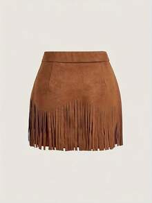 Falda tipo A de imitación de cuero marrón con borlas y tachuelas estilo hippie vintage para mujer - Negro - Ver 6