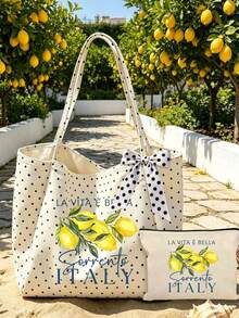 "Lemon Sorrento Italy" Pattern White Polka Dot Beach Tote Bag Set With Bow Ribbon, Large Capacity Foldable, Can Be Used As Shopping Bag, Travel Bag, Commuter Bag, Ideal For Beach Trips, Pool Parties, Shopping And Daily Use, Suitable For Women, Travelers And Beach Lovers, Perfect For Spring Break, Easter, Vacation And Gifts, Can Be Used As Beach Bag, Shopping Bag And Travel Companion - Multicolor - View 2