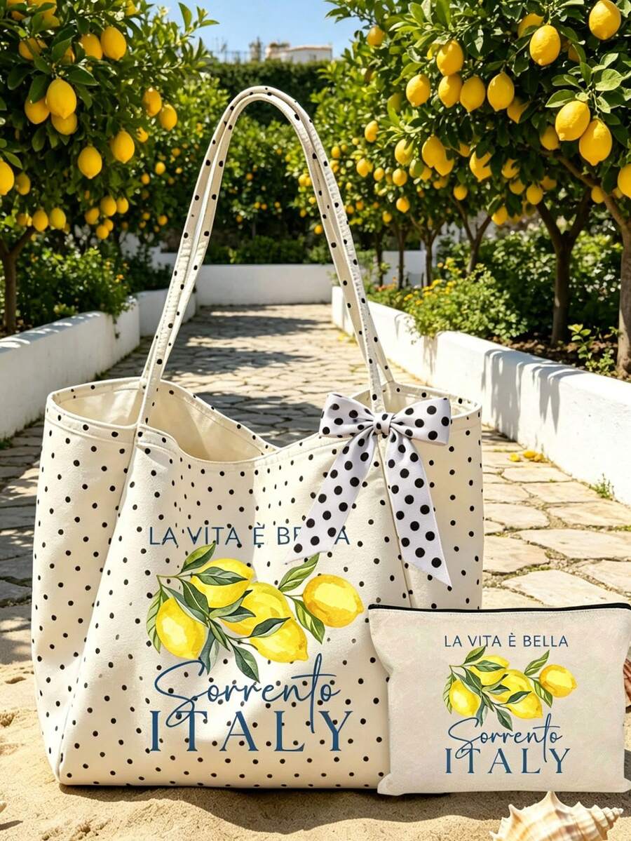 "Lemon Sorrento Italy" Pattern White Polka Dot Beach Tote Bag Set With Bow Ribbon, Large Capacity Foldable, Can Be Used As Shopping Bag, Travel Bag, Commuter Bag, Ideal For Beach Trips, Pool Parties, Shopping And Daily Use, Suitable For Women, Travelers And Beach Lovers, Perfect For Spring Break, Easter, Vacation And Gifts, Can Be Used As Beach Bag, Shopping Bag And Travel Companion