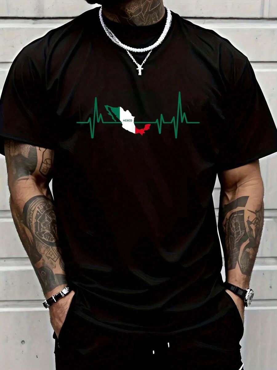 2026 Women's Blouses 100% Cotton, T-Shirt With Mexican Heart Design, Mexican Flag, Heartbeat, EKG, Pulse, Mexican Pride, Graphic T-Shirt For Women And Men - 紅色和黑色 - 查看 1