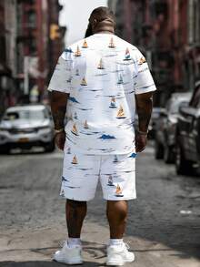Plus Size Men's 2-Piece Outfit, Men's Street Casual Minimalist Series "Colorful Sailboat & Ocean Waves" Pattern Sports Set - Polyester Knit Fabric, Crew Neck Design, Drawstring Shorts, Pocket Detail, Regular Fit, Suitable For Plus Size - White - View 3