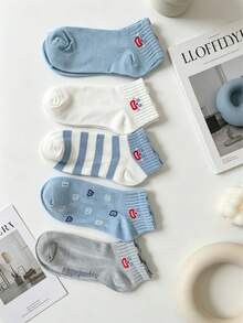 5 Pairs Women's Cute Cartoon Face Pattern Boat Socks, Light Blue And White Casual Sock Set - Multicolor - View 6