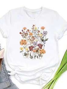 100% Cotton Women's White T-Shirt With Watercolor Wildflower Print In Earthy Tones, Bohemian Casual Top - 白色 - 查看 1