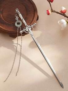 1pc Women's Silver Sword Hairpin With Jade Pendant, Minimalist Elegant Hair Accessory - Silver - View 1