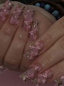 24PCS Medium Water Pipe Fake Nails, Pink Base, Glossy Finish, Natural Brightening, Floral & Plant Design, Gold Foil & Gold Foil Stamping, Complex Craftsmanship, 3D Gold Steel Ball & Rhinestone Decor, High-End Luxury Style, Perfect Gift Choice For Women And Girls, Suitable For Daily Life And Party Use, Applicable For Nail Salons And DIY Nail Art, Can Be Used As Press-On Nails Or Nail Supplies, Removable And Reusable Nail Set - Multicolor - View 9