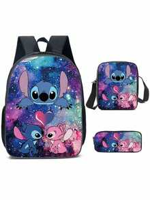 卡通動漫十字繡史迪奇 3 件組書包背包，適用於中小學生返校 - 彩色 - 查看 5