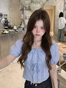 Women's Striped Short Sleeve Bow Square Neck Blouse Summer - Blue - View 2