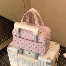 1個波點手提化妝包，PU材質大容量分層設計化妝收納包，三層隔層設計，可掛在行李箱上，內部多個網袋隔層設計，旅行盥洗包，收納包，附堅固手把，女性便攜化妝包 - 彩色 - 查看 3
